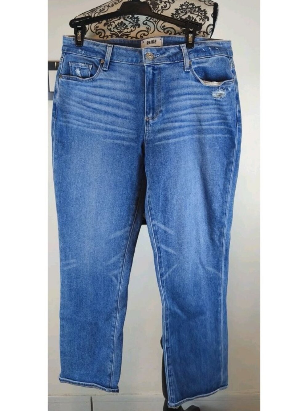 PAIGE Straight Leg Jeans Size 29 Medium Blue Wash Distressed Ripped Pocket Ankle